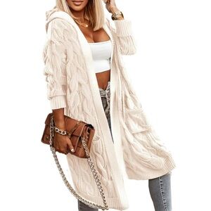 Hooded Open-Front Cable Knit Cardigan Sweater - Cream